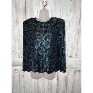 Vintage Laurence Kazar Women's Teal Black Lace Beaded Long Sleeve Blouse Top PXL